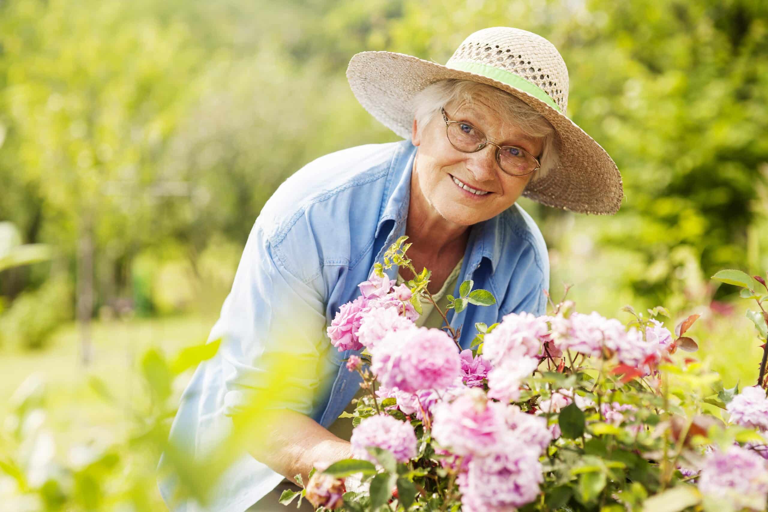 Smiling senior woman gardening outside
