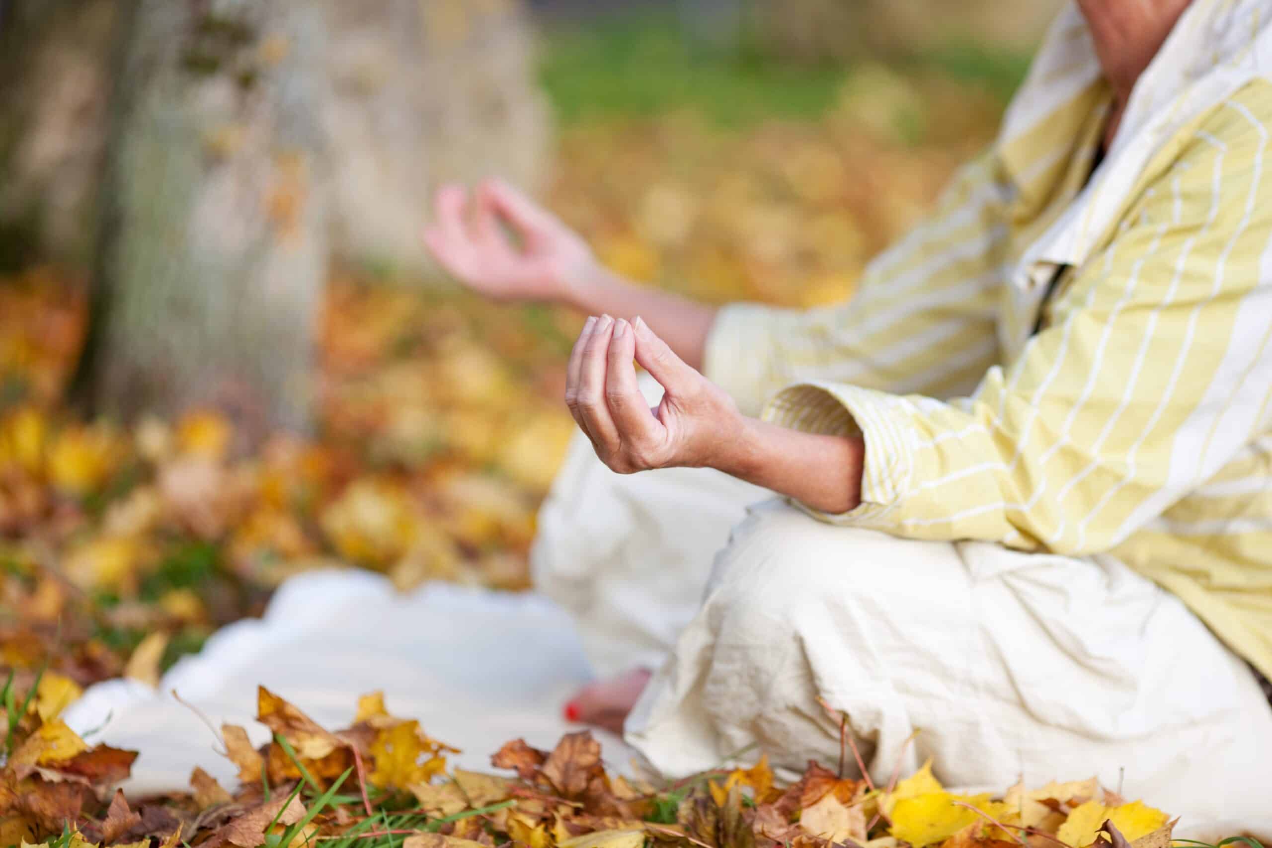 Close-up of hands of senior woman doing yoga in park in autumn
